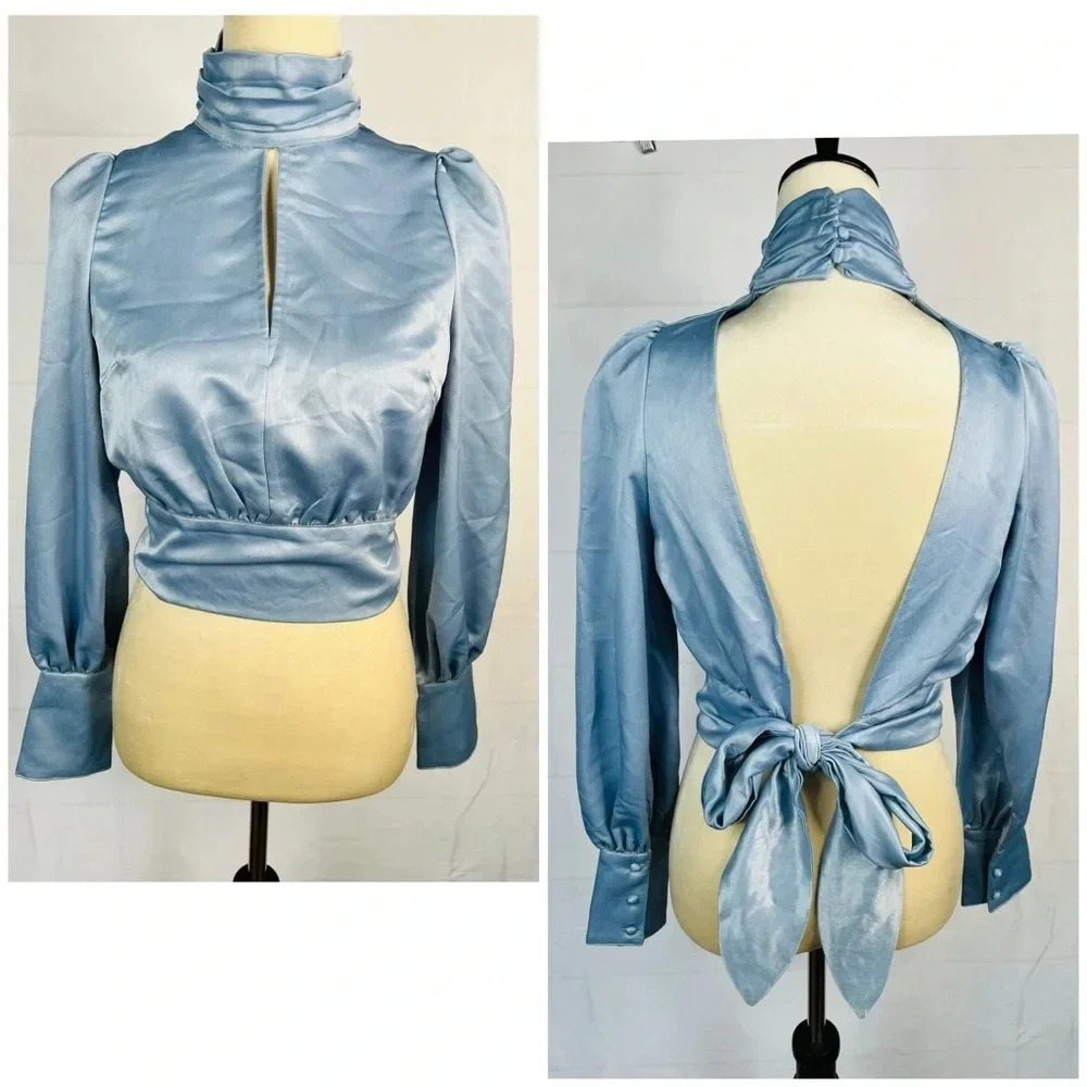 Blue Satin Crop Blouse High Neck Long Lantern Sleeves Tie Open Back Sz S